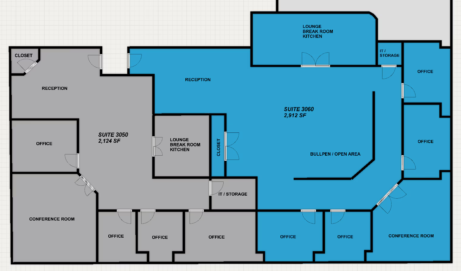 Floor plan of Suites 3050 (grey, west) and 3060 (blue, east) on the third floor